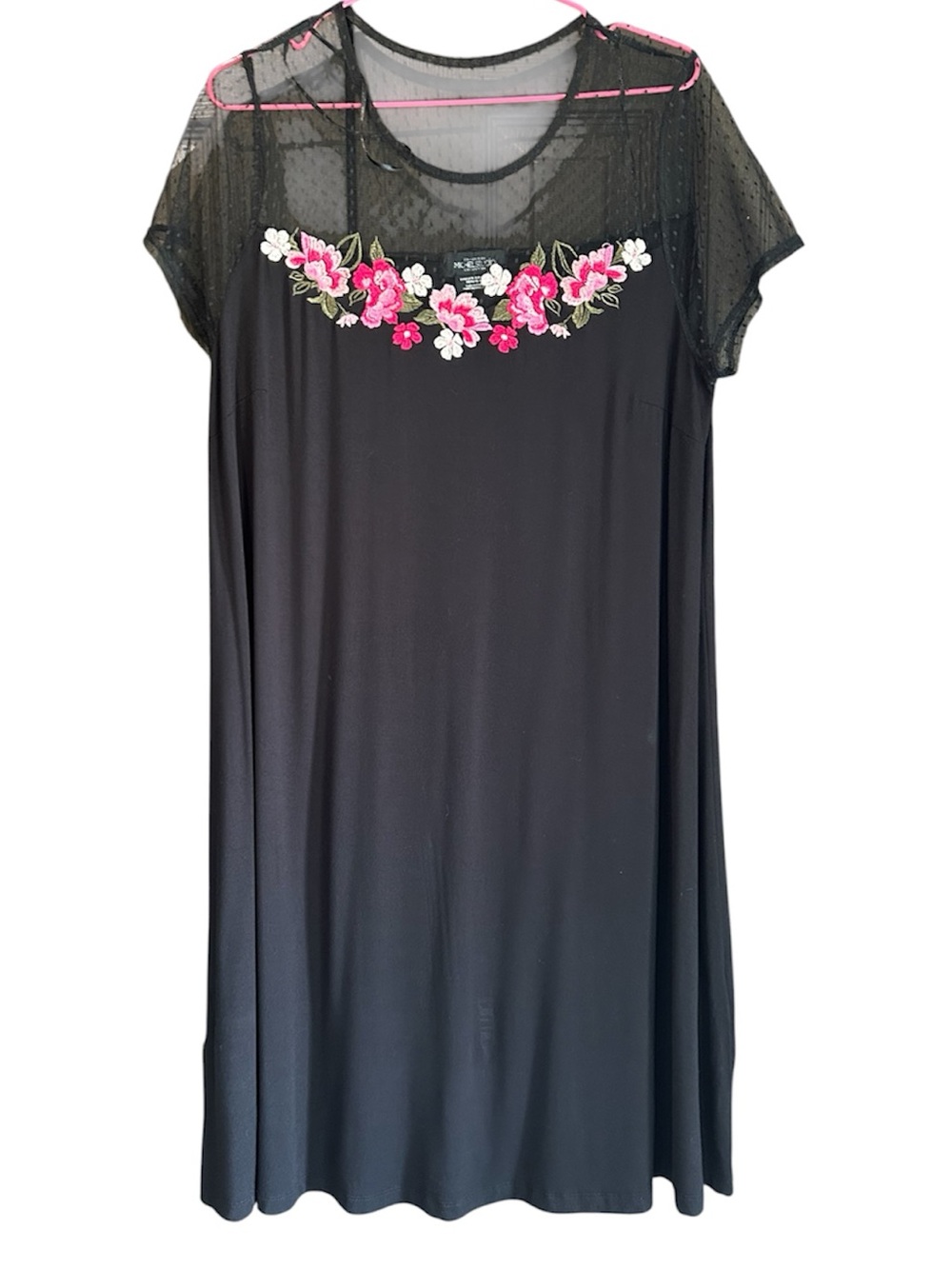 Michel Studio Black Nightgown with Pink & White Floral Appliqué